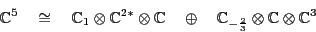 \begin{displaymath}{\mathbb{C}}^5 \quad \cong \quad
{\mathbb{C}}_1 \otimes {\mat...
...{C}}_{-\frac{2}{3}} \otimes {\mathbb{C}}\otimes {\mathbb{C}}^3 \end{displaymath}