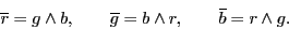 \begin{displaymath}{\overline{r}}= g \wedge b , \qquad
{\overline{g}}= b \wedge r , \qquad
{\overline{b}}= r \wedge g. \end{displaymath}