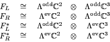\begin{displaymath}
\begin{array}{ccccc}
F_L & \;\cong \; & \Lambda^{\rm odd}{\...
...b{C}}^2 & \otimes & \Lambda^{\rm ev}{\mathbb{C}}^3
\end{array}\end{displaymath}